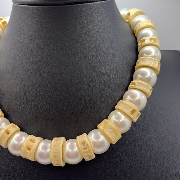 Pearl and Bone Vintage unique choker necklace 925 Sterling Toggle Oversized - Picture 4 of 13